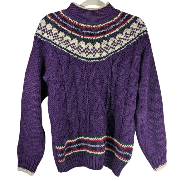 Vintage Fair Isle Purple Cable Knit Sweater 80s Nordic Cottagecore Cozy - Picture 9 of 12
